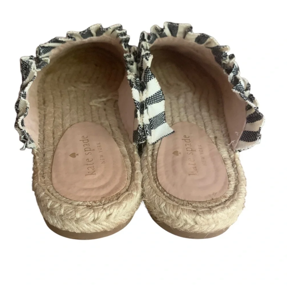 Kate Spade Laila Black Cream Striped Ruffle Trim Espadrille Mules Coastal Sz 9